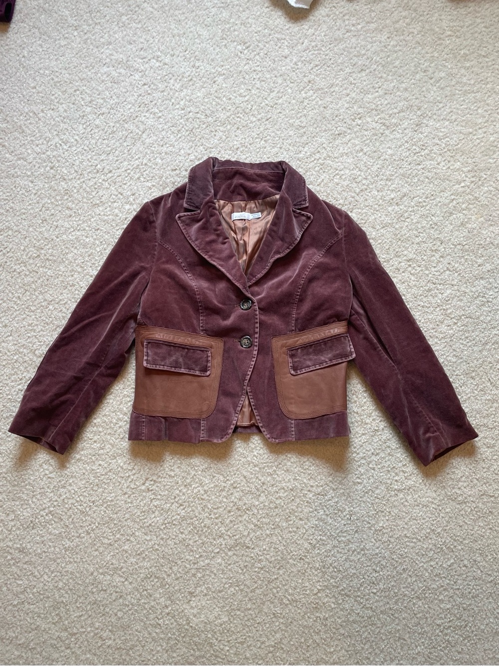 Pinko Vintage Women's Velvet Blazer Jacket in Deep Burgundy with Suede Trim